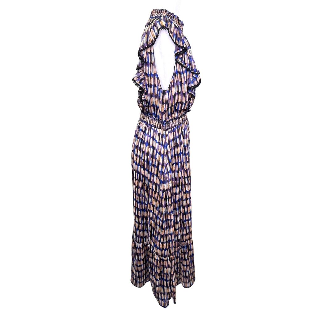 Lost + Wander Love Story Smocked Ruffle Purple Black Satin Maxi Dress Large NWT - Picture 6 of 10